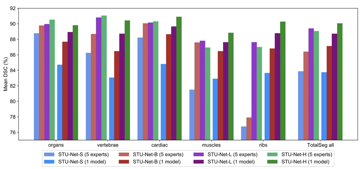 Universal STU-Net vs five category-specific expert models